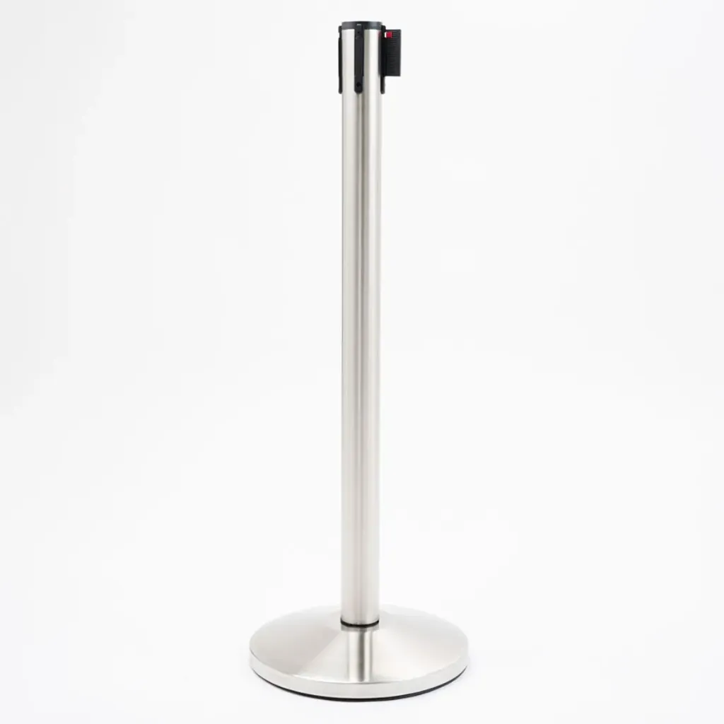 Poteau de guidage sangle 3m acier brossé base conique — poteau inox professionnel file d'attente