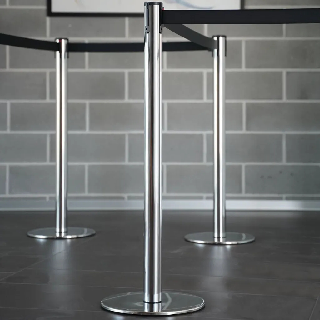 Poteaux de guidage acier poli avec sangle noire vue produits professionnel TELNALINE