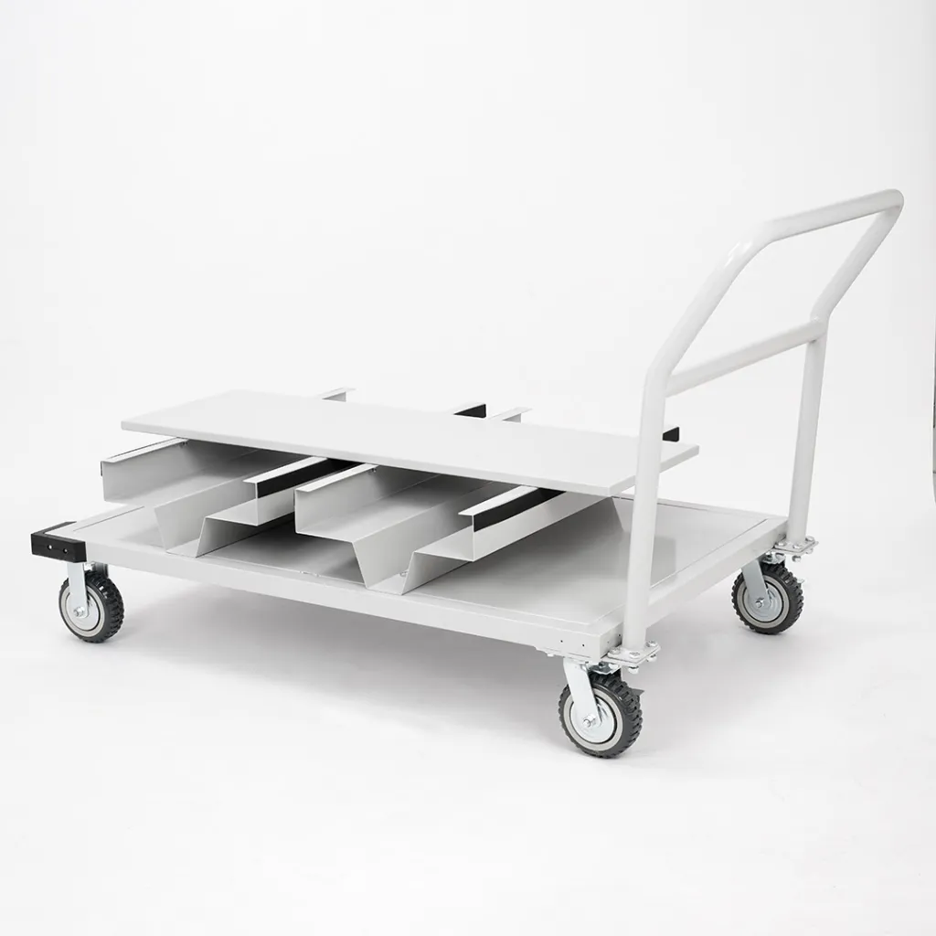 Chariot porte-poteaux de guidage acier silver — vue arrière avec roues et poignée de conduite TELNALINE®