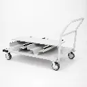 Chariot porte-poteaux de guidage acier silver — vue arrière avec roues et poignée de conduite TELNALINE®