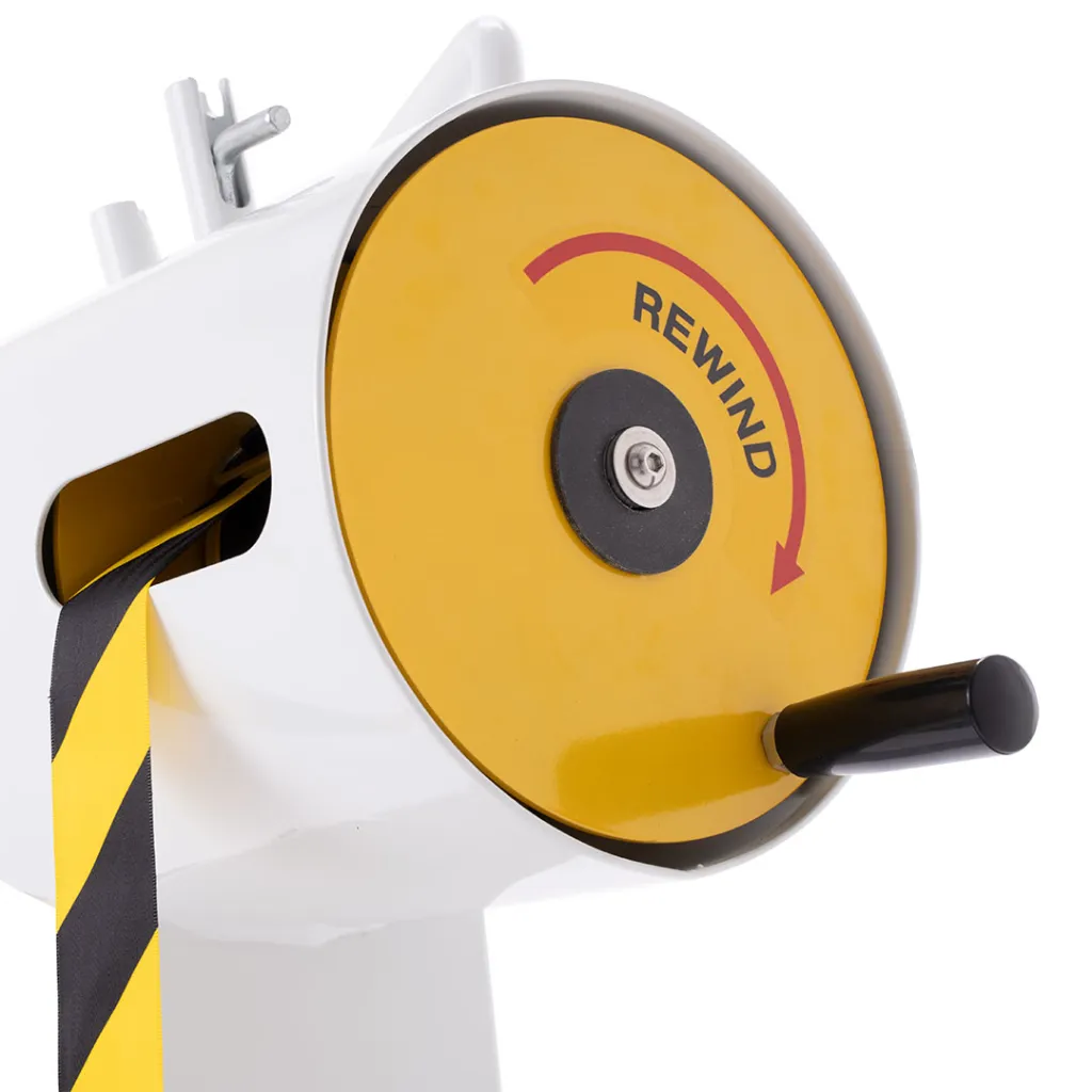 Détail mécanisme d'enroulement REWIND du chariot de balisage à ruban jaune noir TELNALINE®