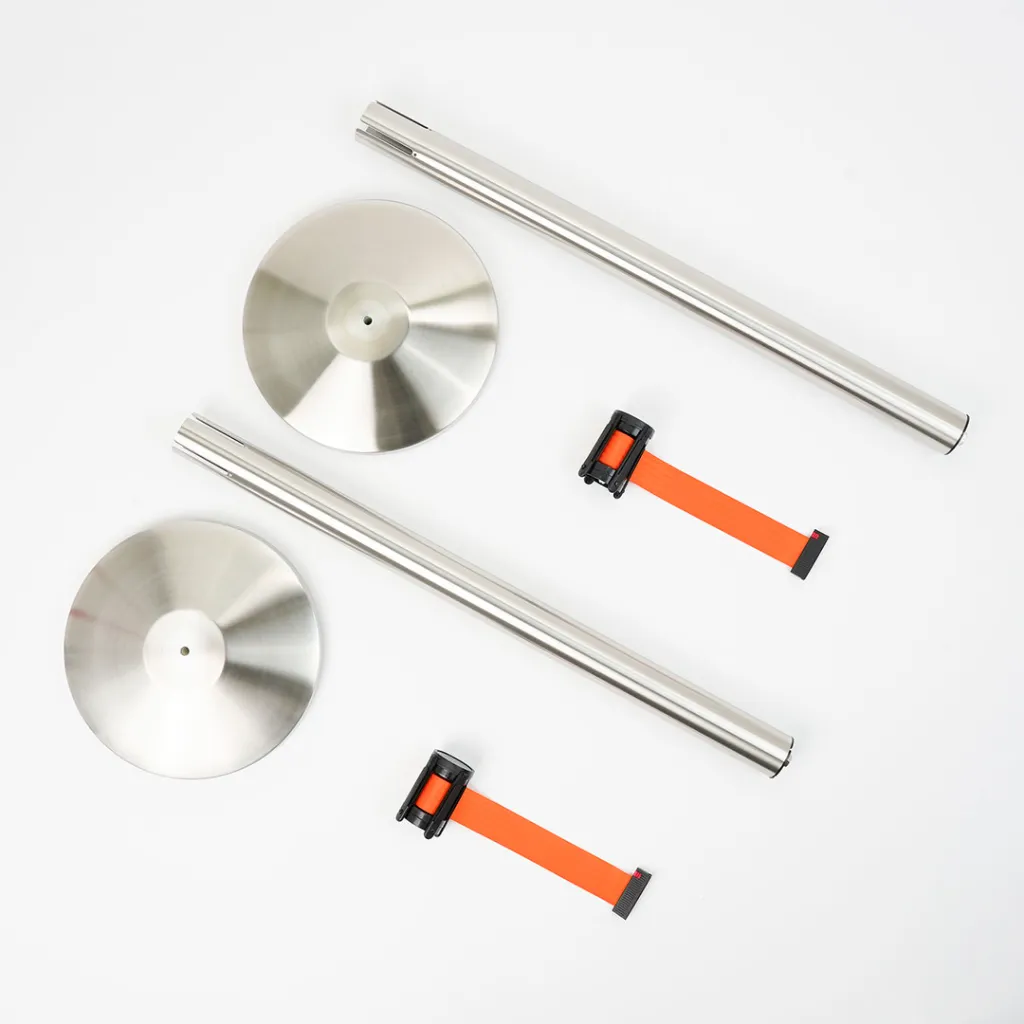 Kit composants poteau de guidage à sangle orange acier poli montant base enrouleur TELNALINE