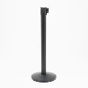 Poteau à sangle rétractable noir vue de face avec sangle enroulée, base ronde TELNALINE