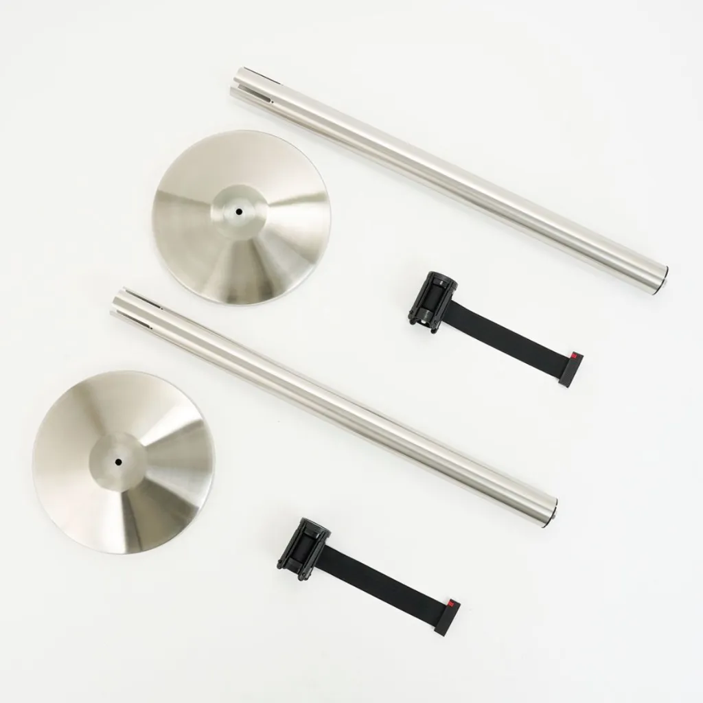 Poteau de guidage acier brossé kit complet avec base tube et sangle noire rétractable TELNALINE