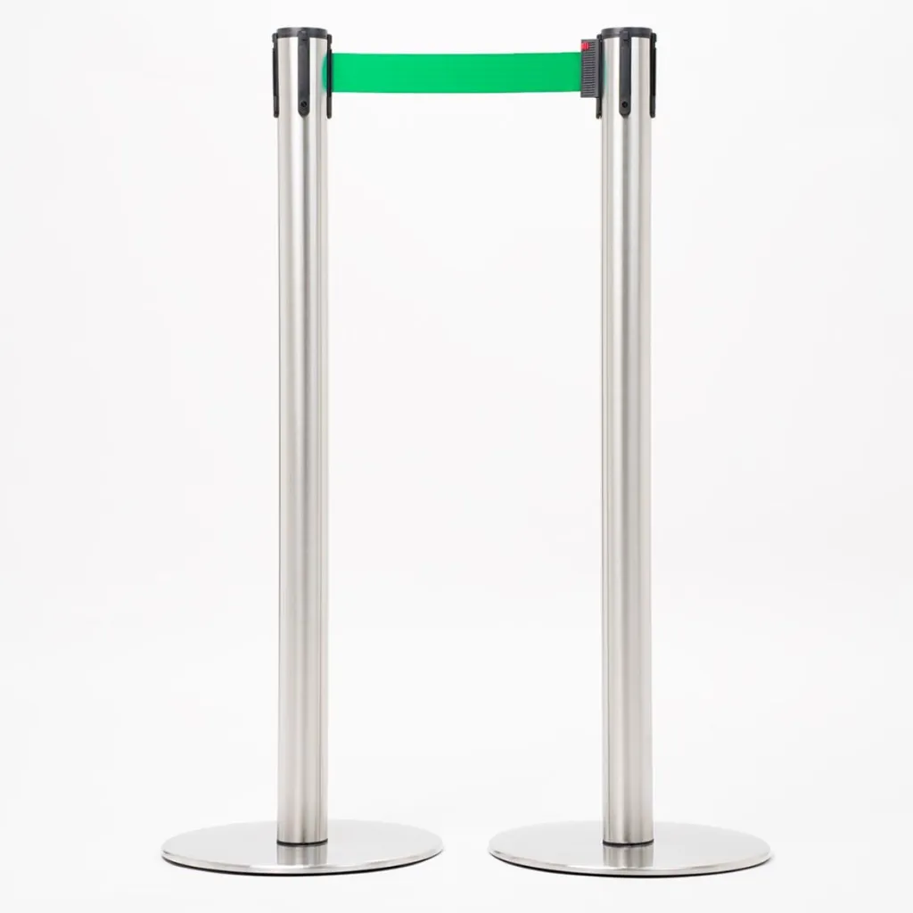 Poteaux de guidage acier brossé avec sangle verte vue ensemble professionnel TELNALINE