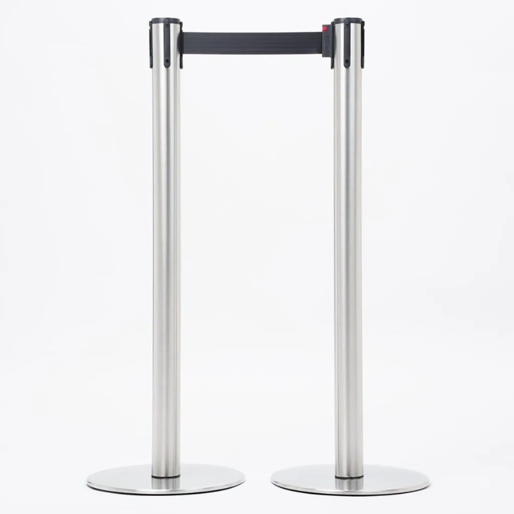 Poteaux de guidage acier brossé avec sangle noire vue ensemble professionnel TELNALINE