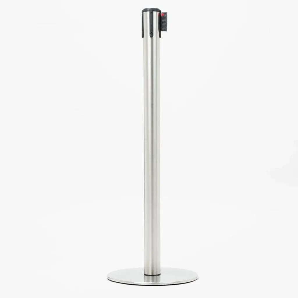 [TLN001] Poteau de guidage à sangle 3 m – Acier brossé – Base plate Ø 35 cm