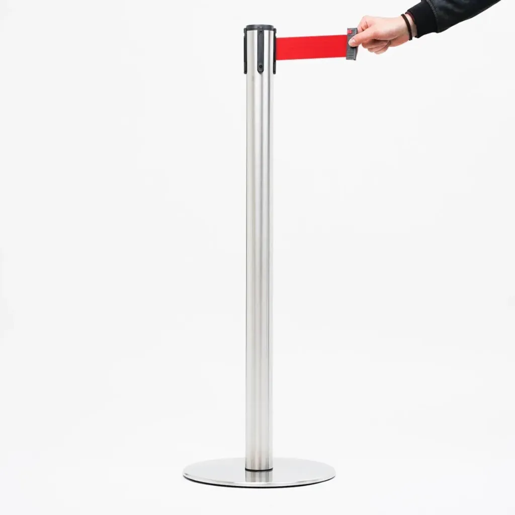 [TLN001KG] Poteau de guidage à sangle 3 m – Acier brossé – Base plate renforcée 15 kg